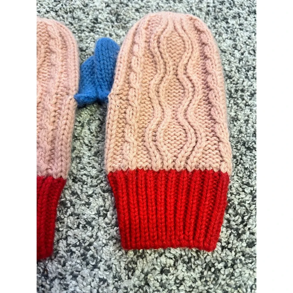 Mini Boden Cable Knit Colorblock Winter Mittens Girls Large 6-10 Pink Red Blue